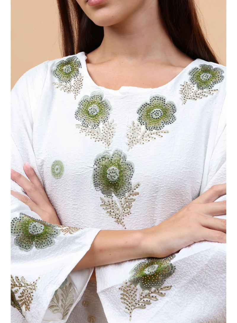IKKXA Floral Details Classic Linen Jalabiya IK6031 Green